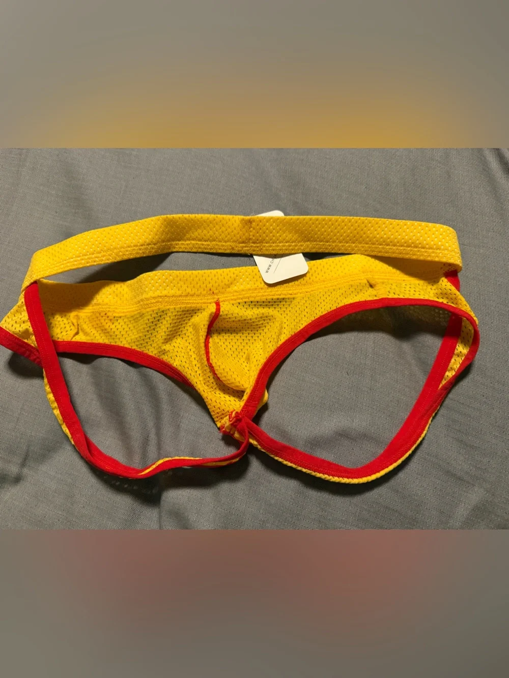 JOCKSTRAP Yellow/Red trim, sexy mesh fabric, runs smaller see pic (tagged L)